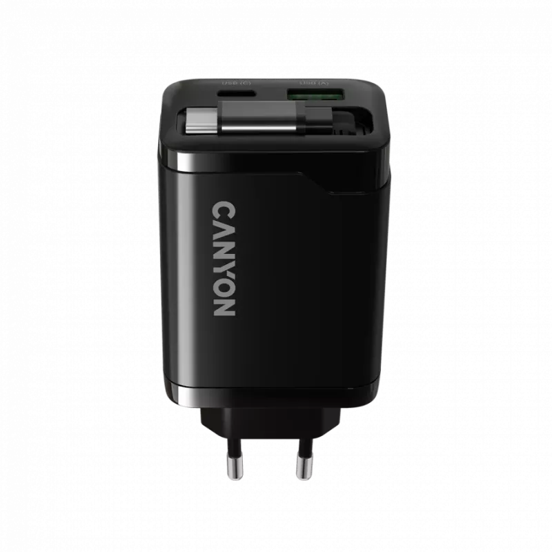 Carregador CANYON OnCharge 65RC com cabo USB-C integrado, 65 W, 1x PD, 1x QC, ficha EU, preto