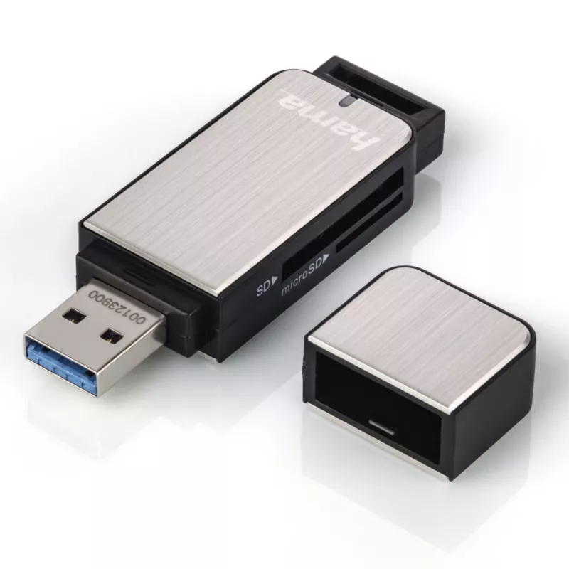 Hama 123900 leitor de cartões USB 3.0 SD/microSD, alumínio, preto/prateado