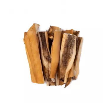 Petiscos para cães UNISZKI pele de vaca 100 g — tiras naturais de pele de vaca para higiene dentária, saqueta de 100 g, proteína 65%