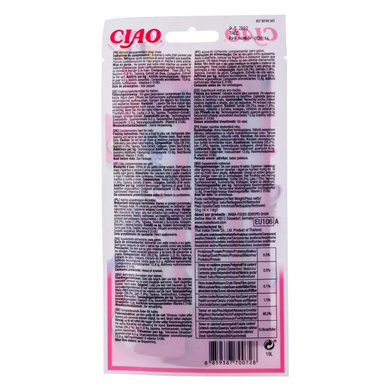 INABA Churu atum com salmão - Petiscos para gatos - 4x14 g