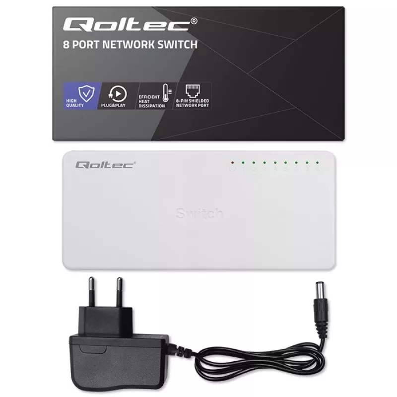 Switch de rede Qoltec 8x portas RJ45 1000Mbps LAN