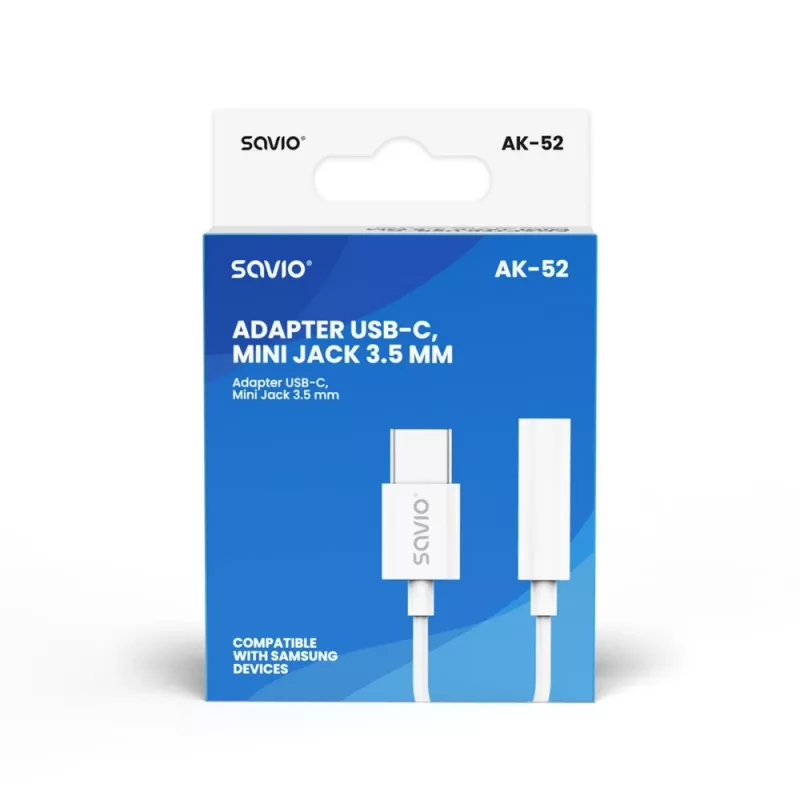 Adaptador de áudio USB Type 3.1 C (M) – Jack 3,5mm (F) branco SAVIO AK-52