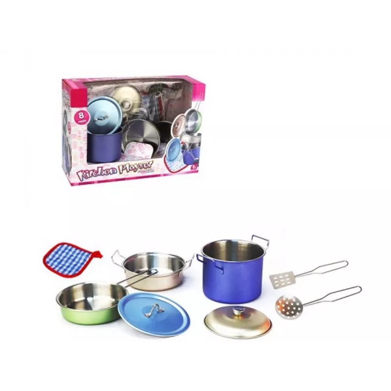 Conjunto de cozinha em metal 8 peças da Madej — utensílios e louça de cozinha de brinquedo em metal, acessórios para cozinha de brincar