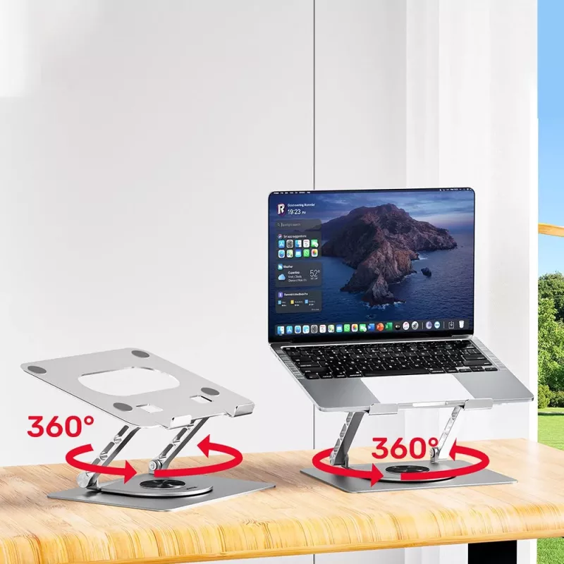 Unitek OT180SL01 suporte para portátil, em alumínio, para portáteis de 10–16 polegadas (25,4–40,6 cm), giratório 360°, dobrável, inclinação ajustável, prateado