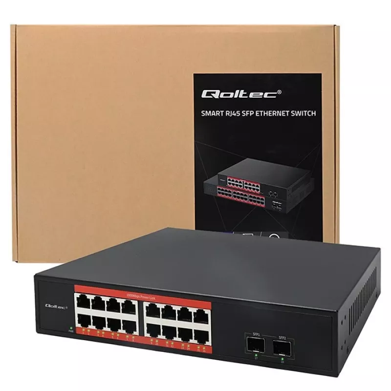 Switch de rede QOLTEC 52364 — Gigabit Ethernet PoE 16xRJ45, 2xSFP