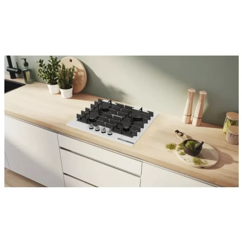 Placa a gás de encastrar Bosch PPP6A2I40, 4 zonas, grelhas em ferro fundido, preta, 590×520×54 mm, controlo por botão rotativo