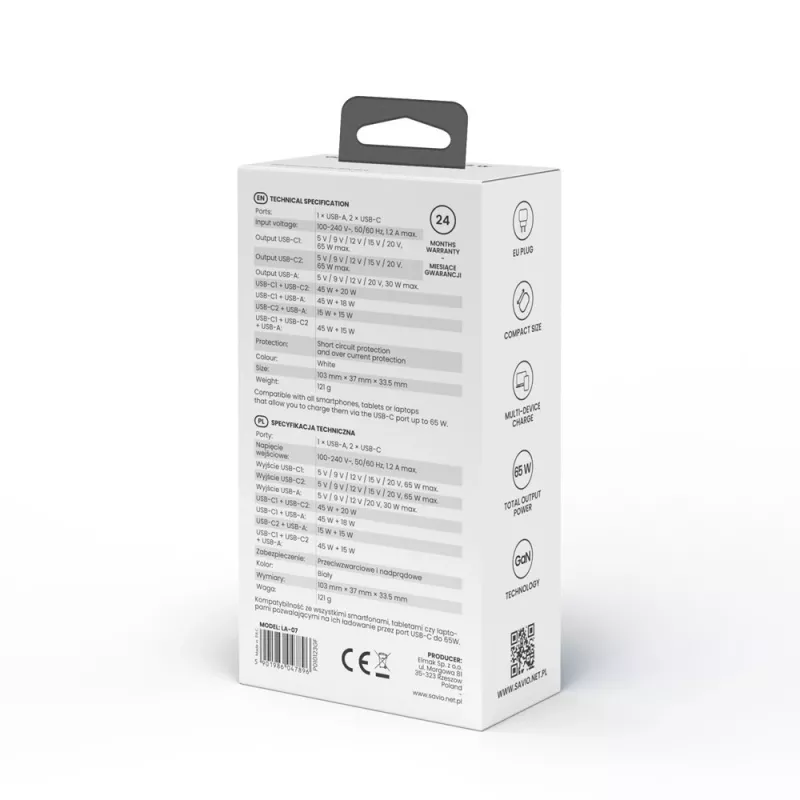 Fonte de alimentação SAVIO LA-07 GaN 65W, USB, QC4.0+, PD 3.0, branca