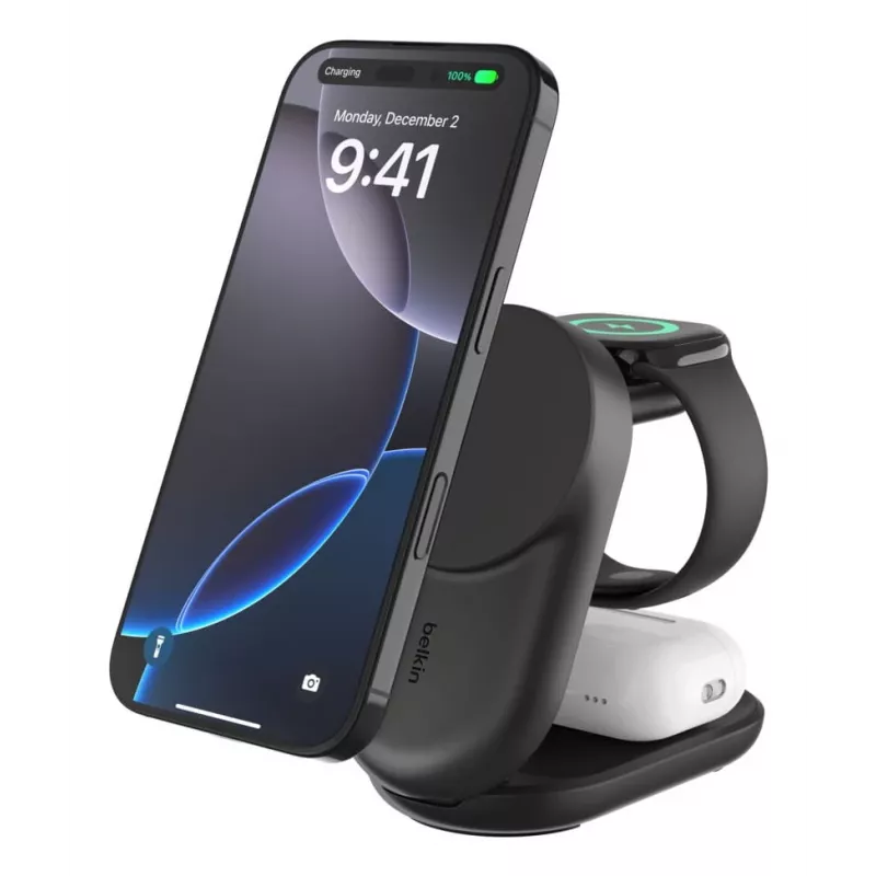Carregador de interior Belkin UltraCharge 25W Qi2 3em1 carregador magnético UE preto redondo