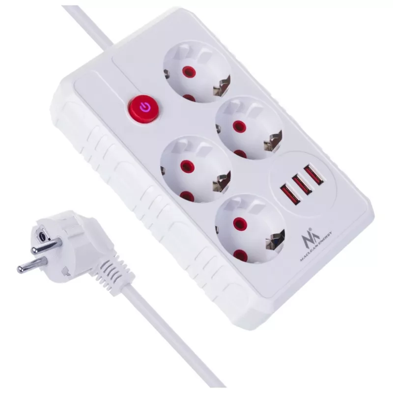 Extensão elétrica MACLEAN MCE392 W — 4 tomadas F, 3×USB A, 110–240 V, 2,1 A máx, 2500 W, cabo de 1,5 m, branco