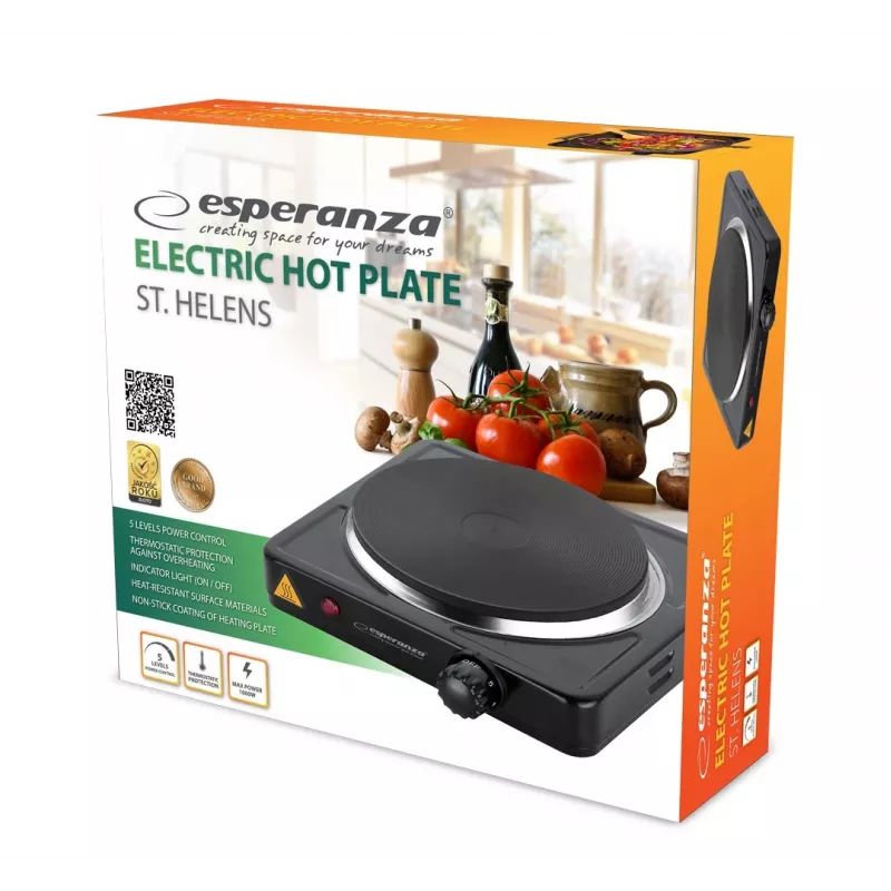 Placa de cozinha fechada ESPERANZA ST. HELENS 1 zona, botão rotativo, 1×1000 W, 15,5 cm, bancada, preto