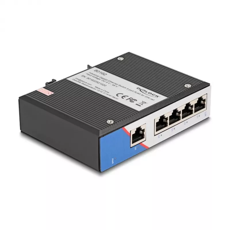 Switch Ethernet DELOCK 80162 — 5 portas Gigabit RJ45 para montagem em calha DIN