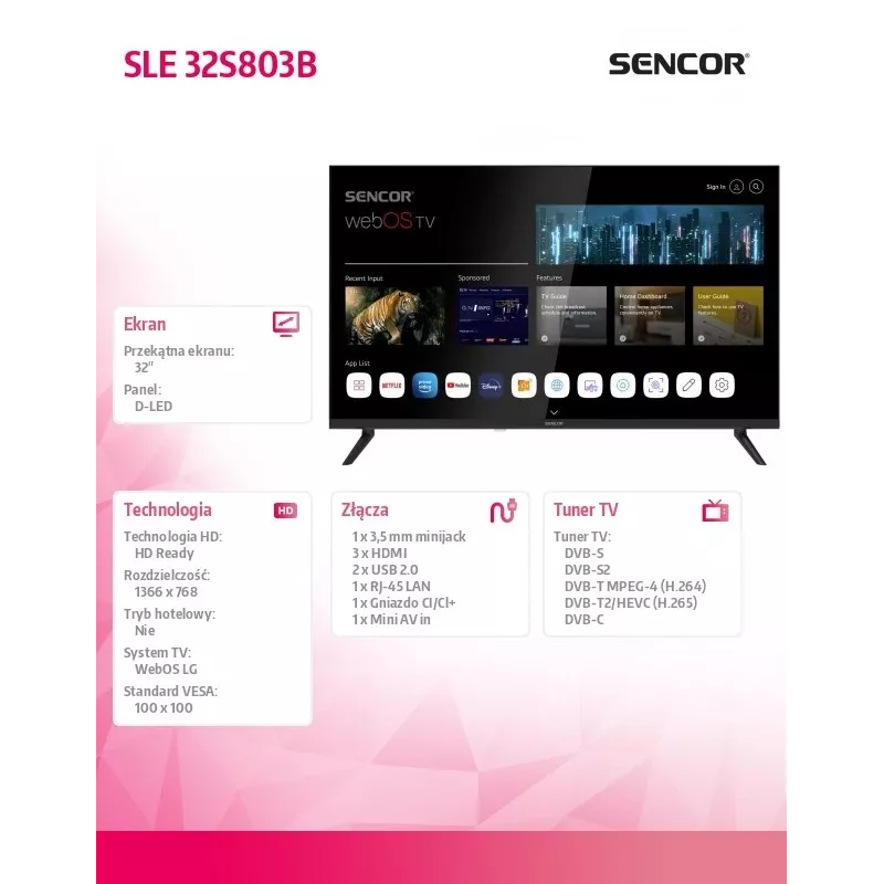 LED SMART TV SENCOR SLE 32S803B 32 polegadas webOS HD 1366×768, HDR10, Wi‑Fi, Bluetooth, DVB‑T/T2/C/S/S2, 3×HDMI, 2×USB
