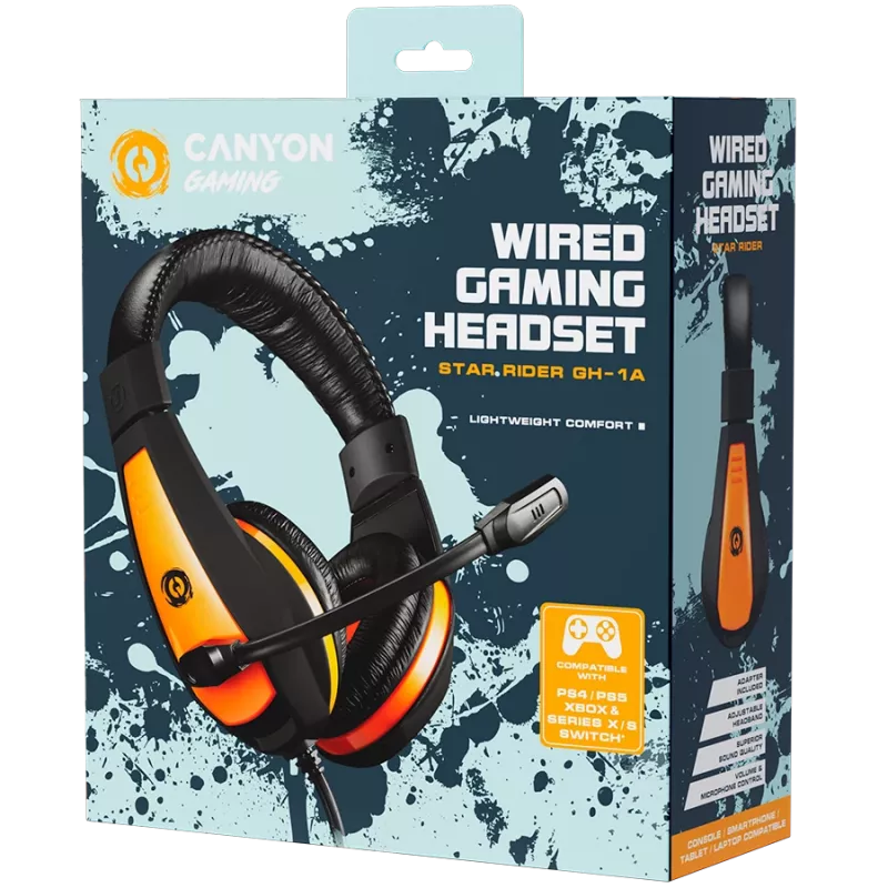 CANYON Star Raider GH-1A, Headset de gaming jack 3,5 mm com microfone ajustável e controlo de volume, com adaptador 3,5 mm 2 em 1, cabo 2 m, preto, 0,23 kg