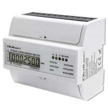 Contador eletrónico bidirecional trifásico Qoltec | Contador de consumo de energia para calha DIN | 400V | 100A | LCD | 4P