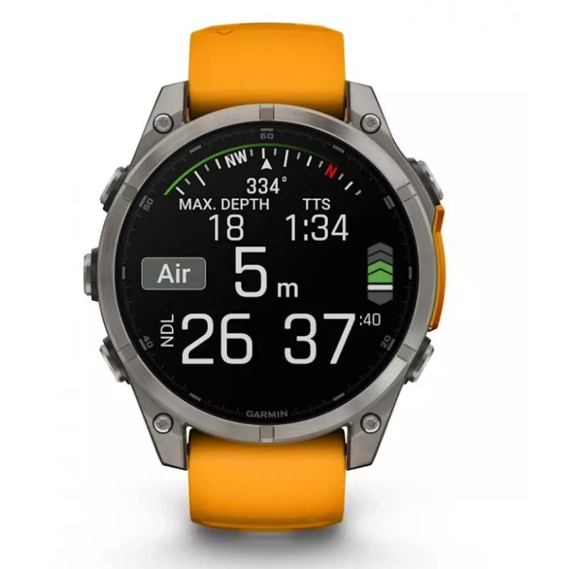 Garmin fenix 8 AMOLED Sapphire 47 mm relógio inteligente GPS, ecrã tátil de 3,56 cm (1,4") 454 x 454, Wi-Fi, titânio, bracelete de silicone Spark Orange/Graphite, grafite