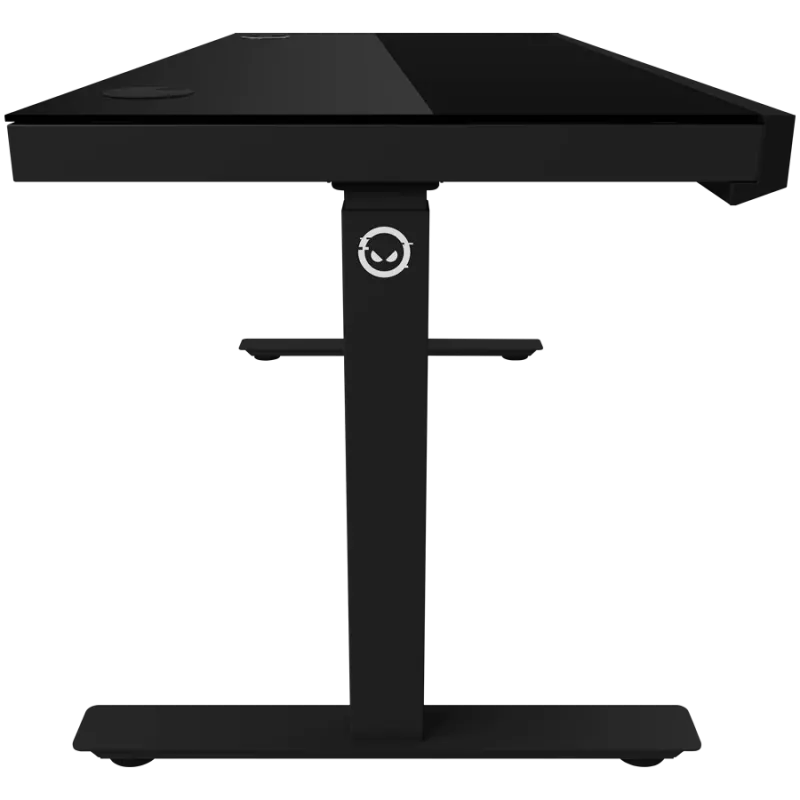 Secretária gaming de altura ajustável com dois motores, função sentado/em pé, carregador sem fios, iluminação RGB, painel de controlo e portas USB, tampo em vidro temperado, preto