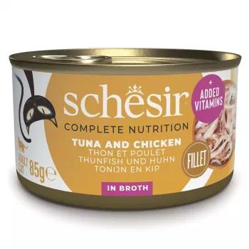 SCHESIR em água de cozedura Atum com frango e arroz - Alimento húmido para gatos - 85 g
