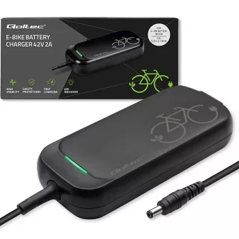 Carregador para e-bike QOLTEC 50332 — saída 36V/42V, 2A, ficha 5,5×2,1 mm