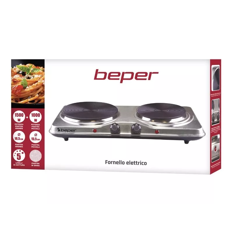 Placa de cozinhar Beper 90.825 em aço inoxidável, 2 zonas, controlo manual