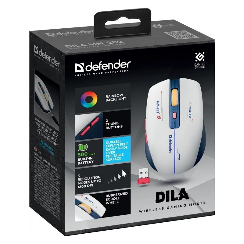 Rato gaming sem fios DEFENDER MM-282 RF — ambidestro, ótico 1800 DPI, 5 botões, USB, alimentado por pilhas