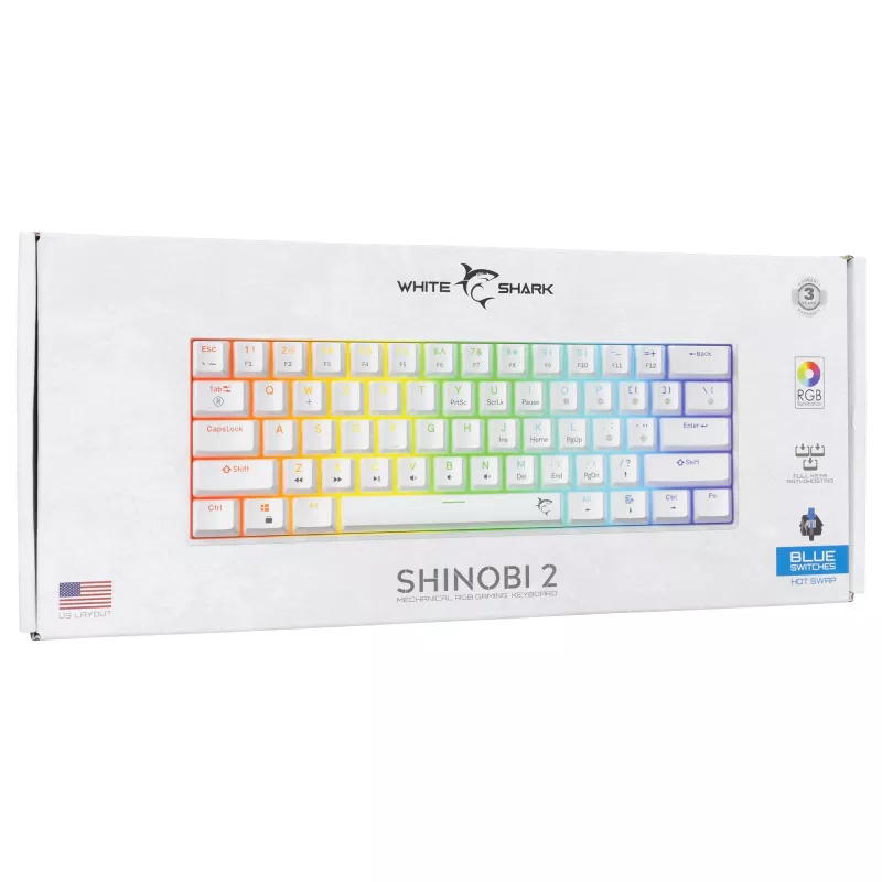 Teclado mecânico com fios White Shark Shinobi-2 (GK-004221) — interruptores azuis, branco, layout US