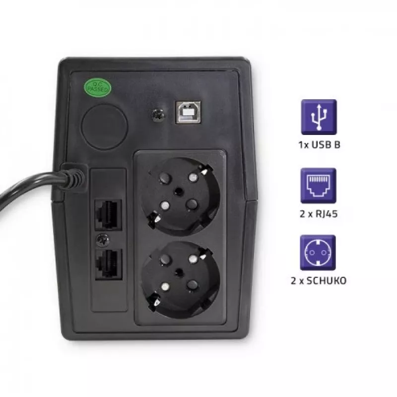 Qoltec Monolith UPS (fonte de alimentação ininterrupta) Dupla conversão (Online) 1 kVA 600 W 2 tomadas Schuko