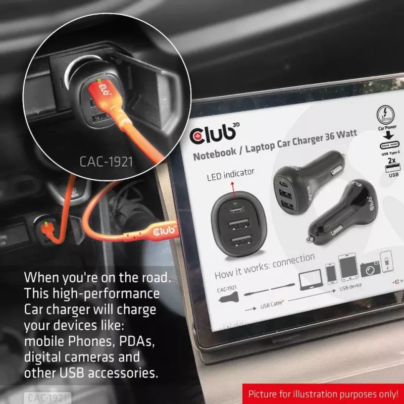 Carregador de automóvel para notebook/portátil CLUB3D 36 Watt, automóvel, isqueiro, 24 V, preto