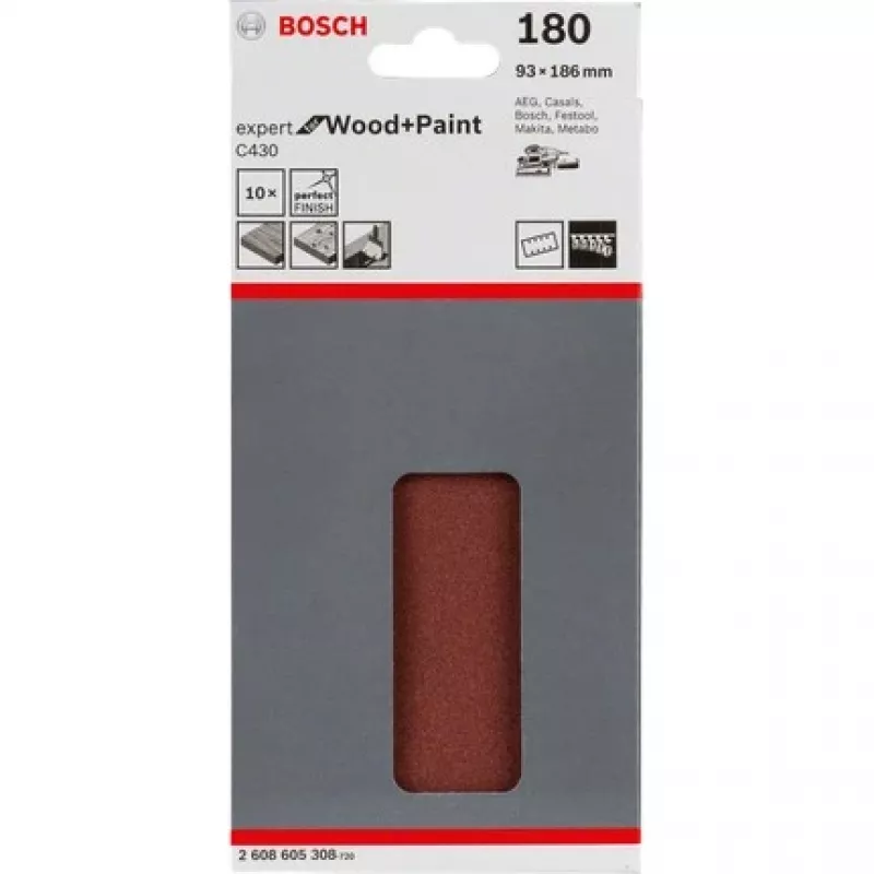 Bosch C430 Expert para madeira e tinta, folha de lixa, grão fino, P180, ligação de resina sintética, acabamento, remoção de tinta, tinta, madeira