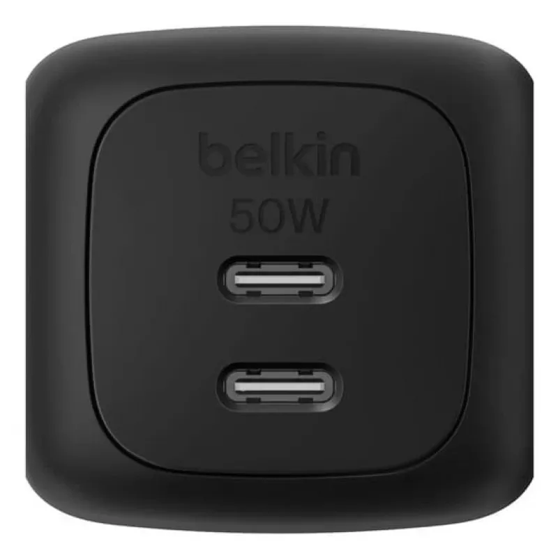 Carregador rápido AC de interior Belkin WCH019kqBK — 2× USB‑C, preto, proteção OVP/OC/OT/SC