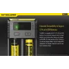 Carregador de pilhas Nitecore NEW i2 — carregador de 2 slots para LiFePO4, Li-Ion, NiMH; entrada 100–240V; saída 9–12V; suporta AAAA/C/D/AAA/AA; preto