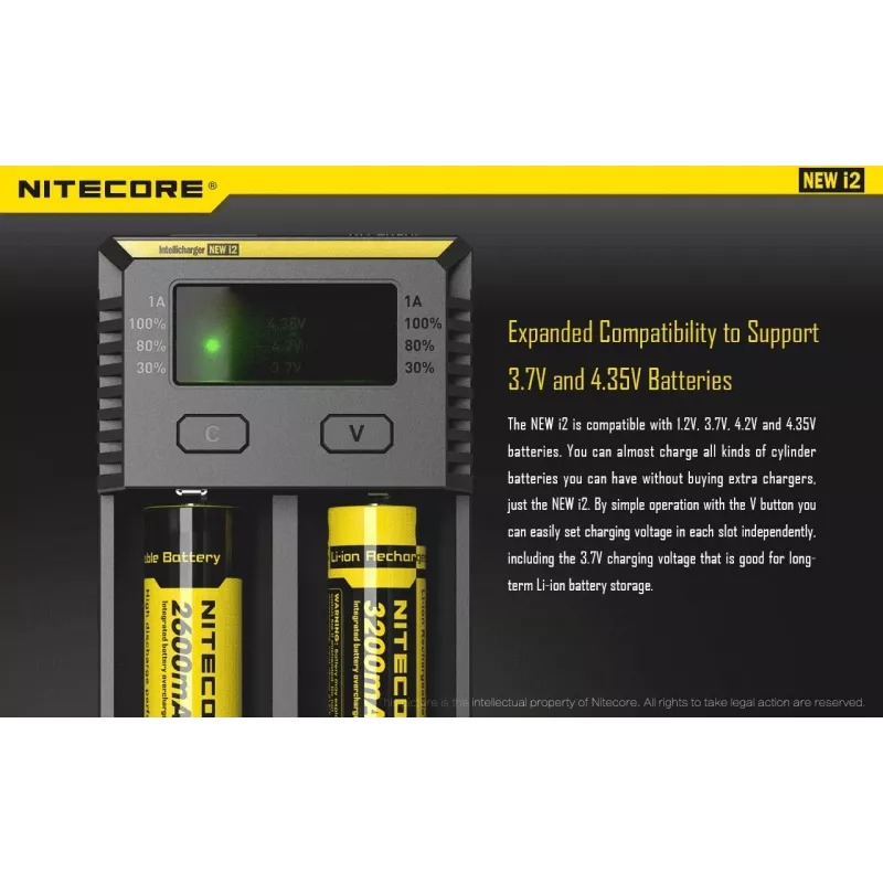 Carregador de pilhas Nitecore NEW i2 — carregador de 2 slots para LiFePO4, Li-Ion, NiMH; entrada 100–240V; saída 9–12V; suporta AAAA/C/D/AAA/AA; preto