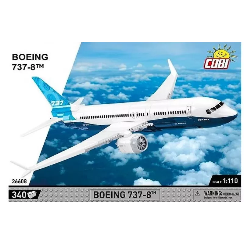 Conjunto de montagem Cobi Boeing 737-8 — 340 peças, idade recomendada 7+, azul e branco