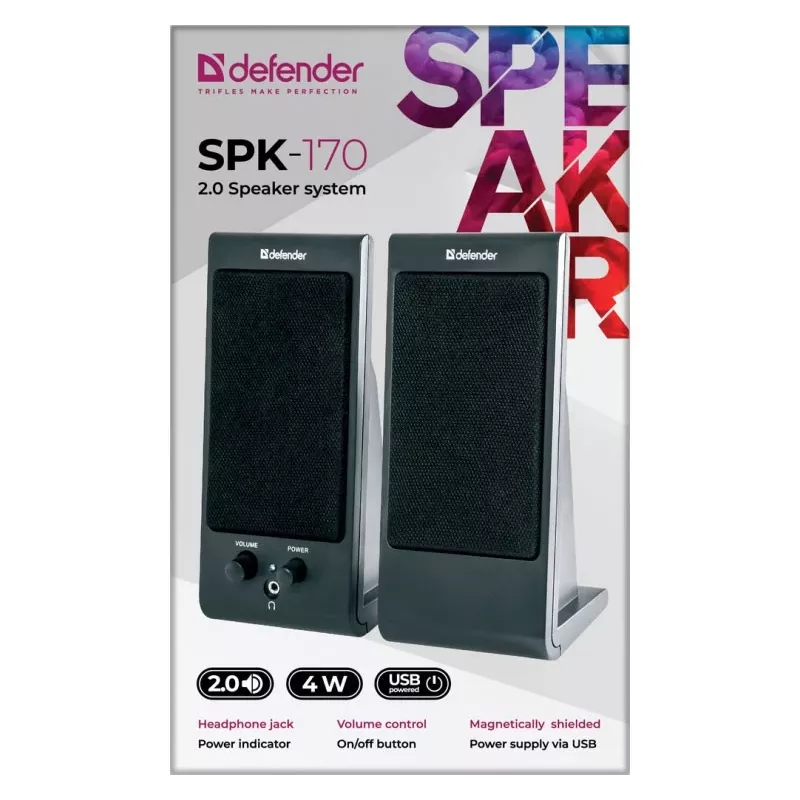 Altifalantes de secretária/estante DEFENDER SPK-170 2.0, 4 W RMS, com fios USB 5 V, 3,5 mm, preto