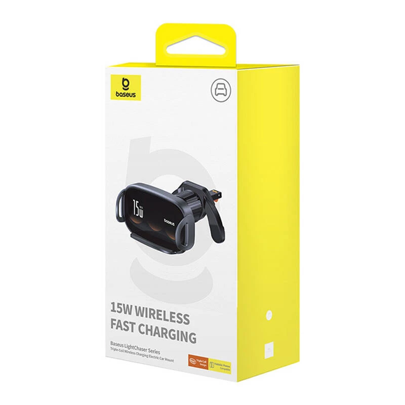 Baseus LightChaser BS-CM029 Suporte de telemóvel para automóvel com carregamento sem fios de 15 W para grelha de ventilação, preto