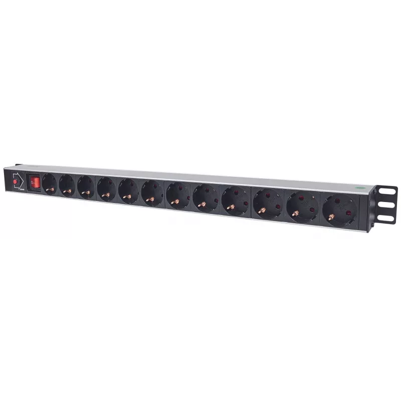 Unidade de distribuição de energia (PDU) Intellinet montagem vertical em rack 12 saídas, tomadas EU CEE 7/3, com interruptor on/off e proteção contra sobrecarga, cabo de alimentação integrado de 1,8m com ficha EU CEE 7/4