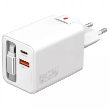 4smarts 541065 GaN Flex Jojo 65W carregador de parede, 2x USB-C PD + USB-A QC 3.0, cabo USB-C retrátil, 100-240V, branco