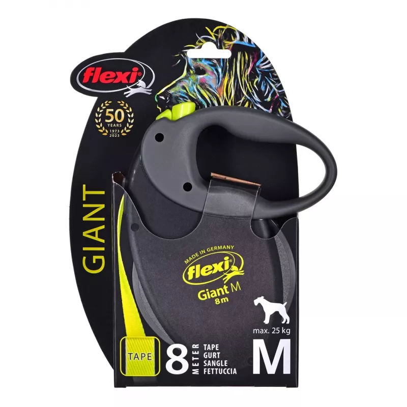 Flexi Giant Neon M trela extensível para cães, 8 m, preto/amarelo
