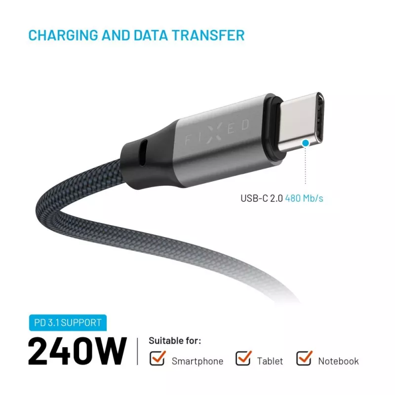 Cabo magnético trançado USB-C para USB-C FIXED FIXDBM-CC2-GR, USB 2.0, revestimento trançado, comprimento fixo, cinzento