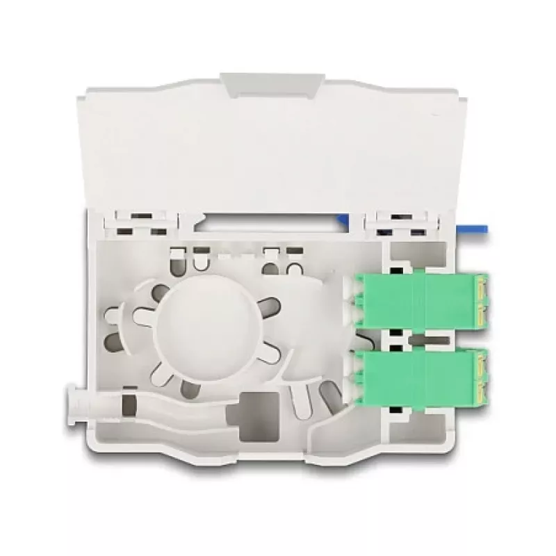 Delock 88098 Caixa de ligação de fibra ótica para calha DIN com suporte de emendas, 4x LC Duplex