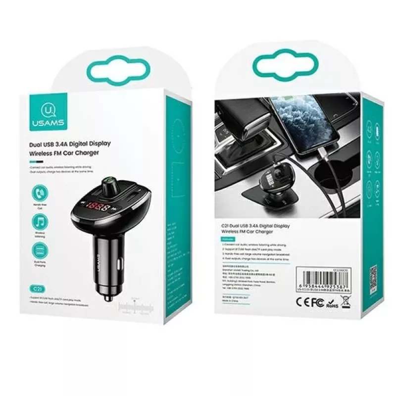 USAMS US-CC115 C21 Transmissor FM para automóvel com carregador USB duplo, Bluetooth 5.0, 3,4 A, preto