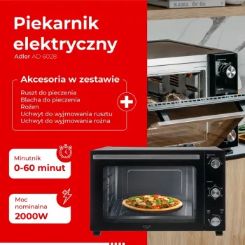 Forno elétrico Adler AD 6028 — 60 l, 2000 W, de instalação livre, botões rotativos, rotisserie, máx. 230 °C, preto