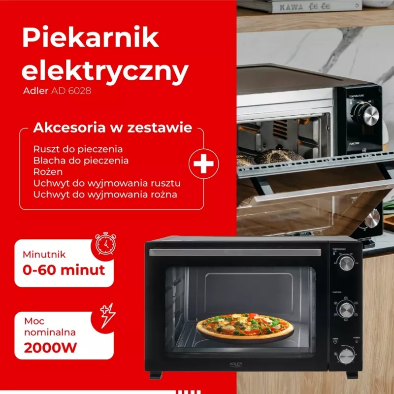 Forno elétrico Adler AD 6028 — 60 l, 2000 W, de instalação livre, botões rotativos, rotisserie, máx. 230 °C, preto