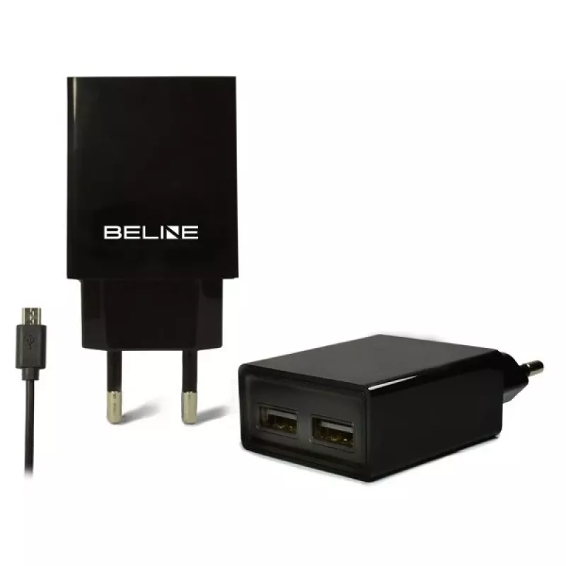 Carregador de viagem Beline Beli0011 — 2 portas USB, cabo microUSB, saída 2A, preto