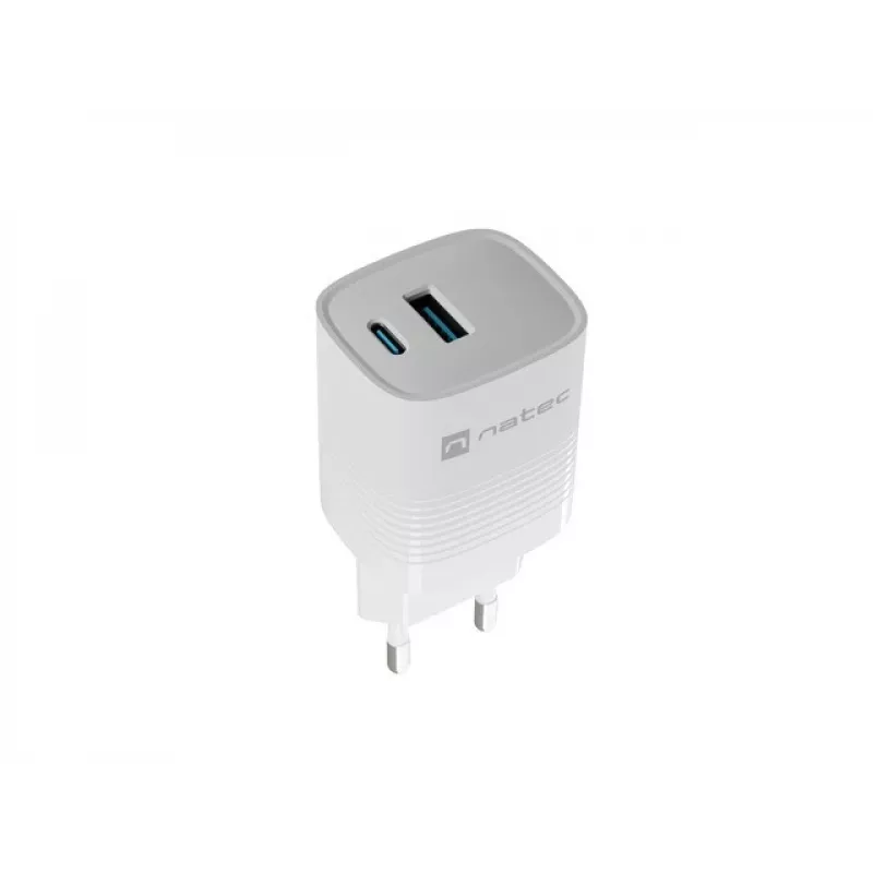 Carregador com fio para dispositivos móveis NATEC NUC-2140, 30W, USB-C PD 3.0 + USB-A, Samsung AFC, branco