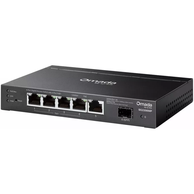 Switch de rede TP‑LINK SG2206MP L2 Gigabit Ethernet PoE 5 portas (5x Gigabit, 1x SFP, PoE+ 4 portas, orçamento 63W)