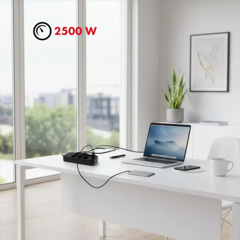 Extensão elétrica MACLEAN MCE391 B – 6 tomadas, 4×USB-A + 1×USB-C, 110–240V, 2500W, cabo de 3 m, preto