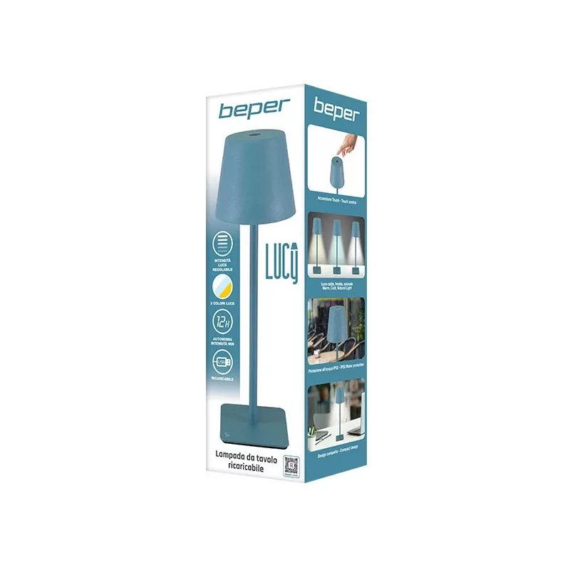 Beper P207ILI200 candeeiro de mesa LED recarregável, interruptor tátil, regulável, azul ardósia
