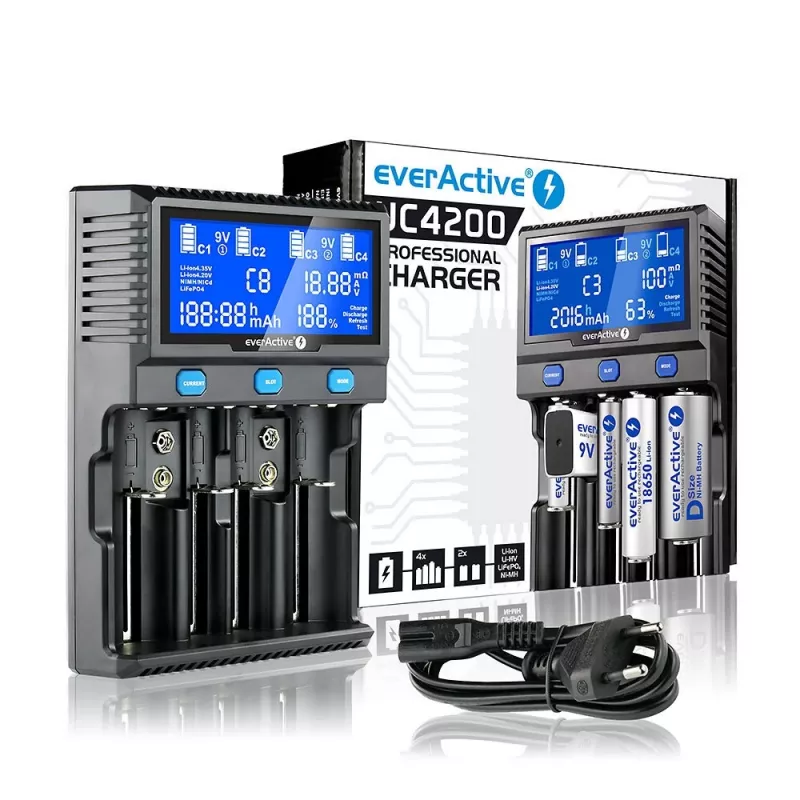 Carregador everActive UC-4200 para baterias cilíndricas Li-ion e Ni-MH
