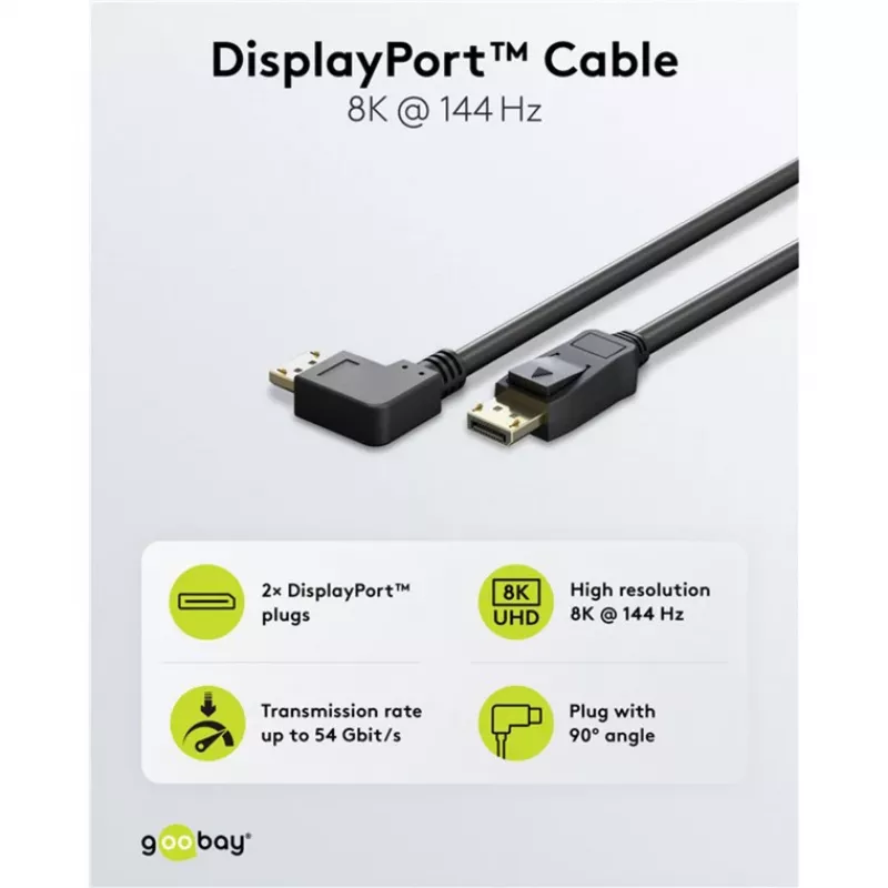 Cabo DisplayPort Macho 90° > DisplayPort Macho, 8K / 144Hz (Preto, 2 metros, 1 ficha 90° lateral, 54 Gbit/s, DisplayPort 2.0 / 2.1)