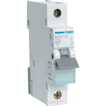 Hager MCN113. Número de polos: 1P. Frequência de entrada AC: 50/60 Hz, corrente nominal de saída: 13 A. Largura: 17,5 mm, profundidade: 70 mm, altura: 83 mm (MCN113)